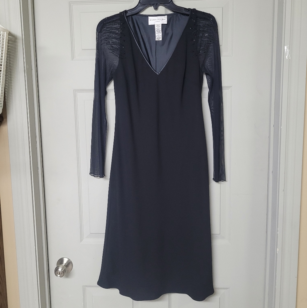 Evan Picone Dress Black Fully Lined V-neck Beaded Shoulders Sheer Long Sleeve 6